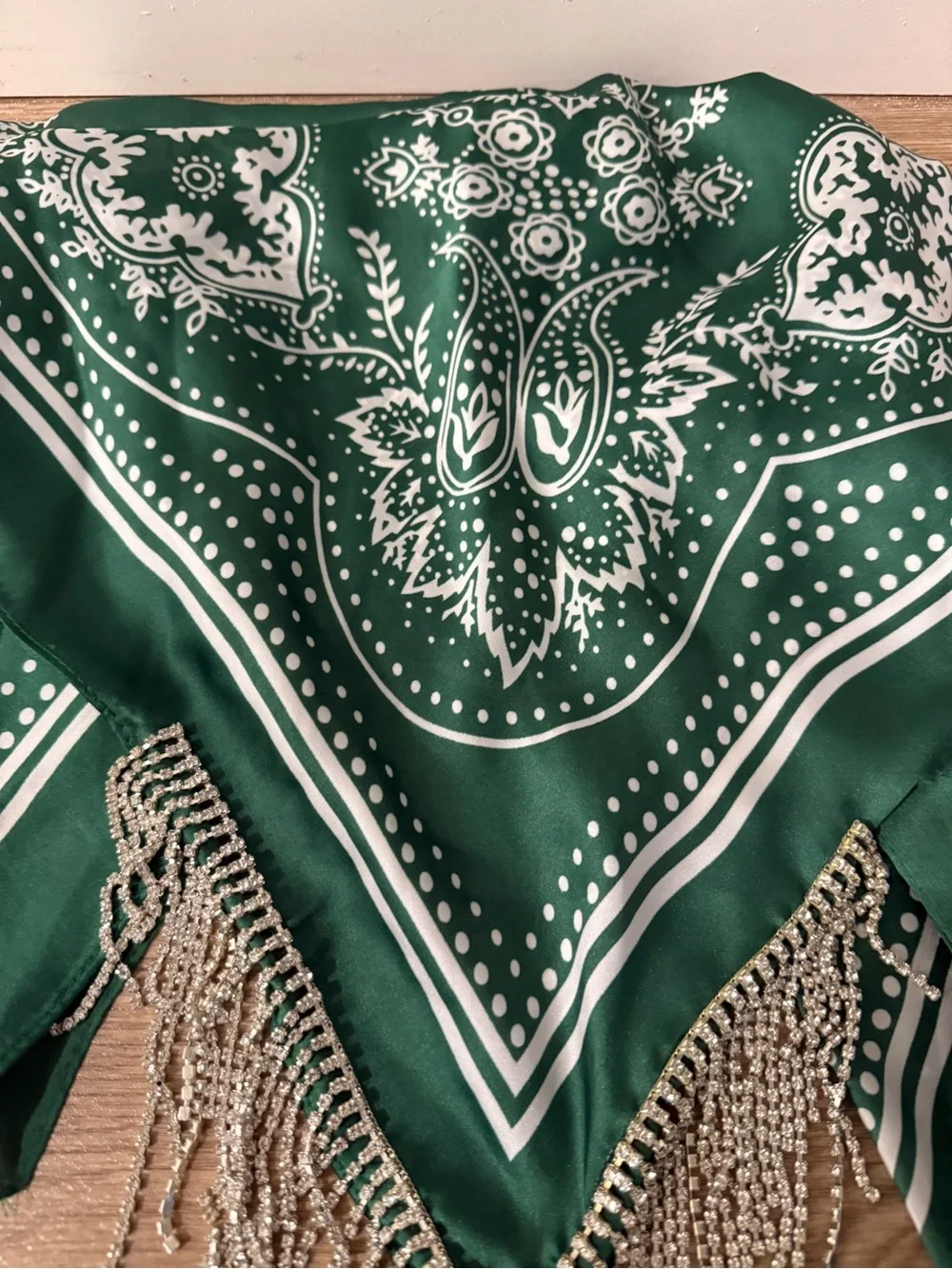 Green Paisley Fringe Silk Scarf
